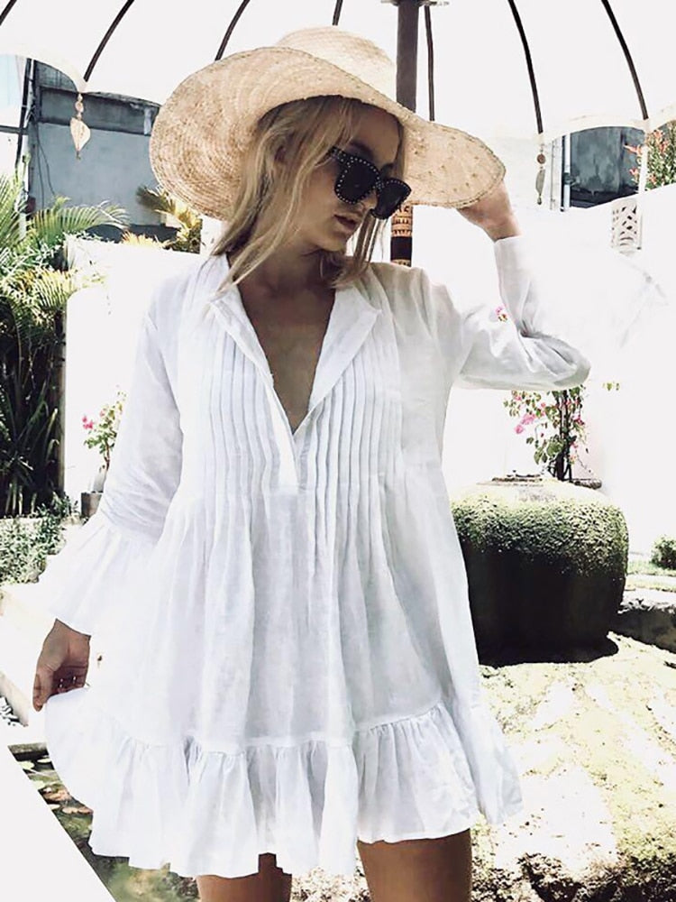 Sunset and Swim Loose Pleated White Beach Cover Up Dress  Sunset and Swim   