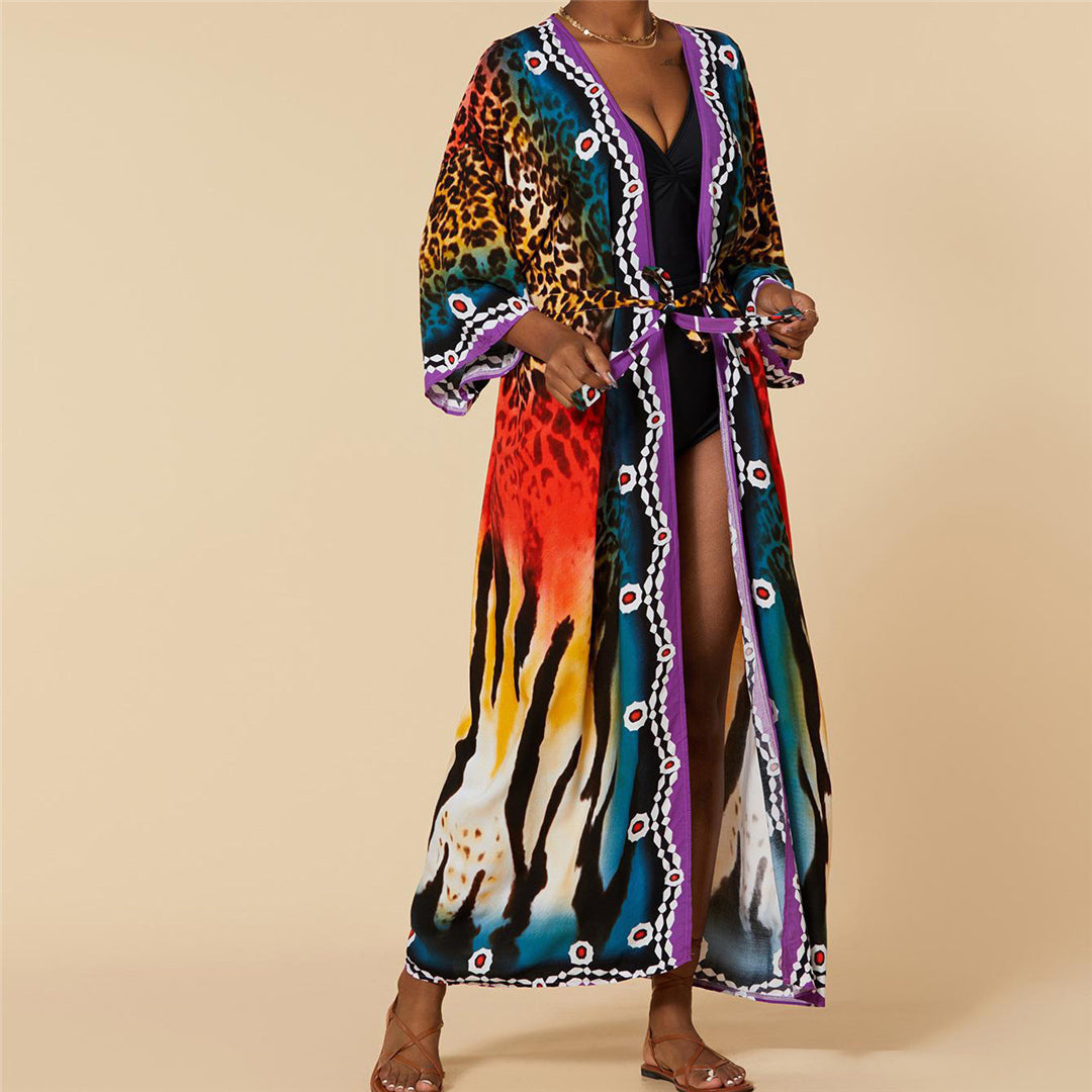 Colorful Leopard Belted Long Beach Cover Up Tunic  Sunset and Swim   