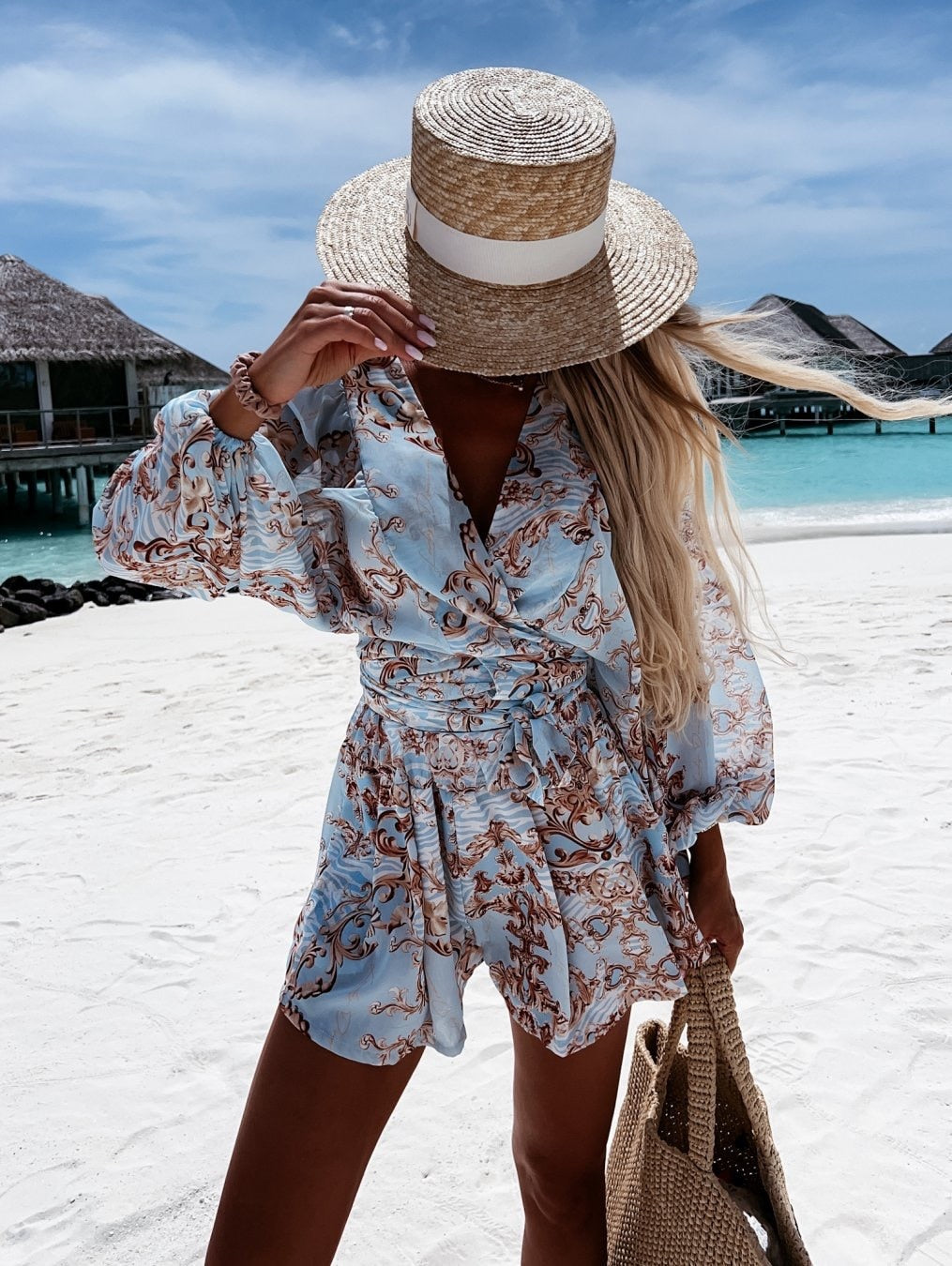 Summer Never Ends Plunge Vacation Romper Playsuit  Sunset and Swim Blue S 