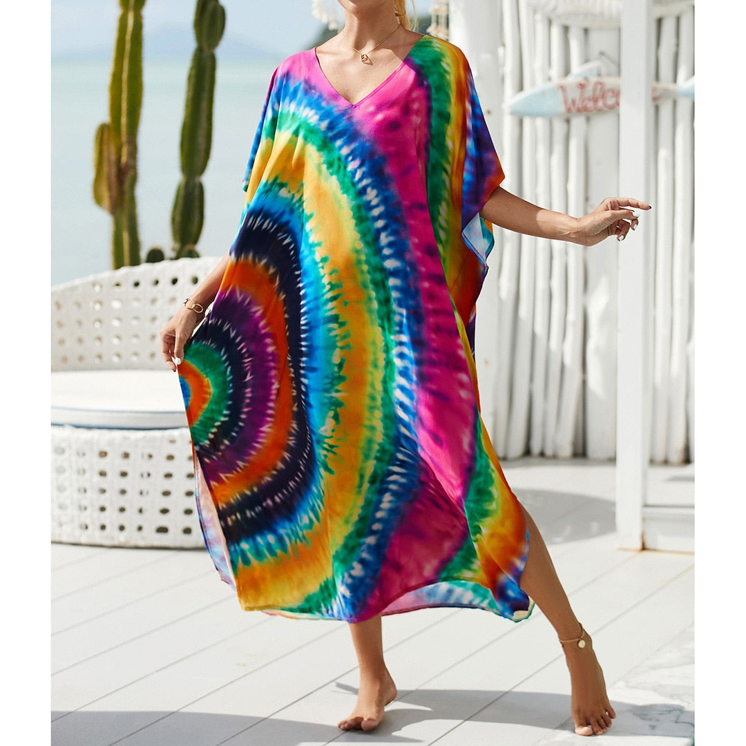 Sunset and Swim Colorful Bohemian Bathing Suit Coverup Kaftan Sunset and Swim Half Circle Tie Dye One Size 