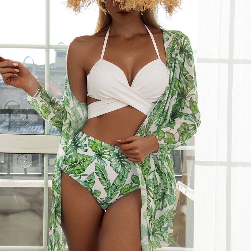 Modest 3 PCS White Floral Swimsuit Push up High Waist Swimwear Cover Up Set  Sunset and Swim   