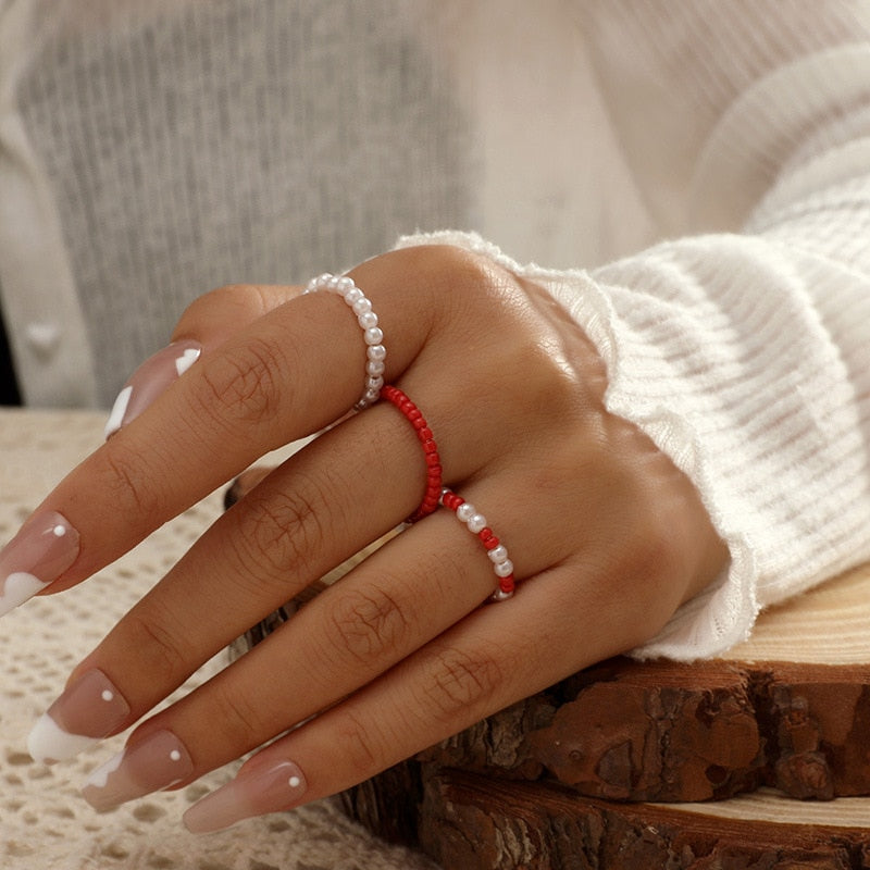 Celestial Pearls Boho Knuckle Rings Set  Sunset and Swim 3pcs red white Resizable 