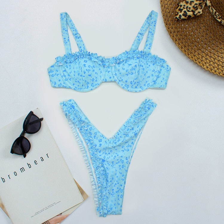 Cute Floral High Cut Push Up Brazilian Thong Bikini  Sunset and Swim Blue Floral S 