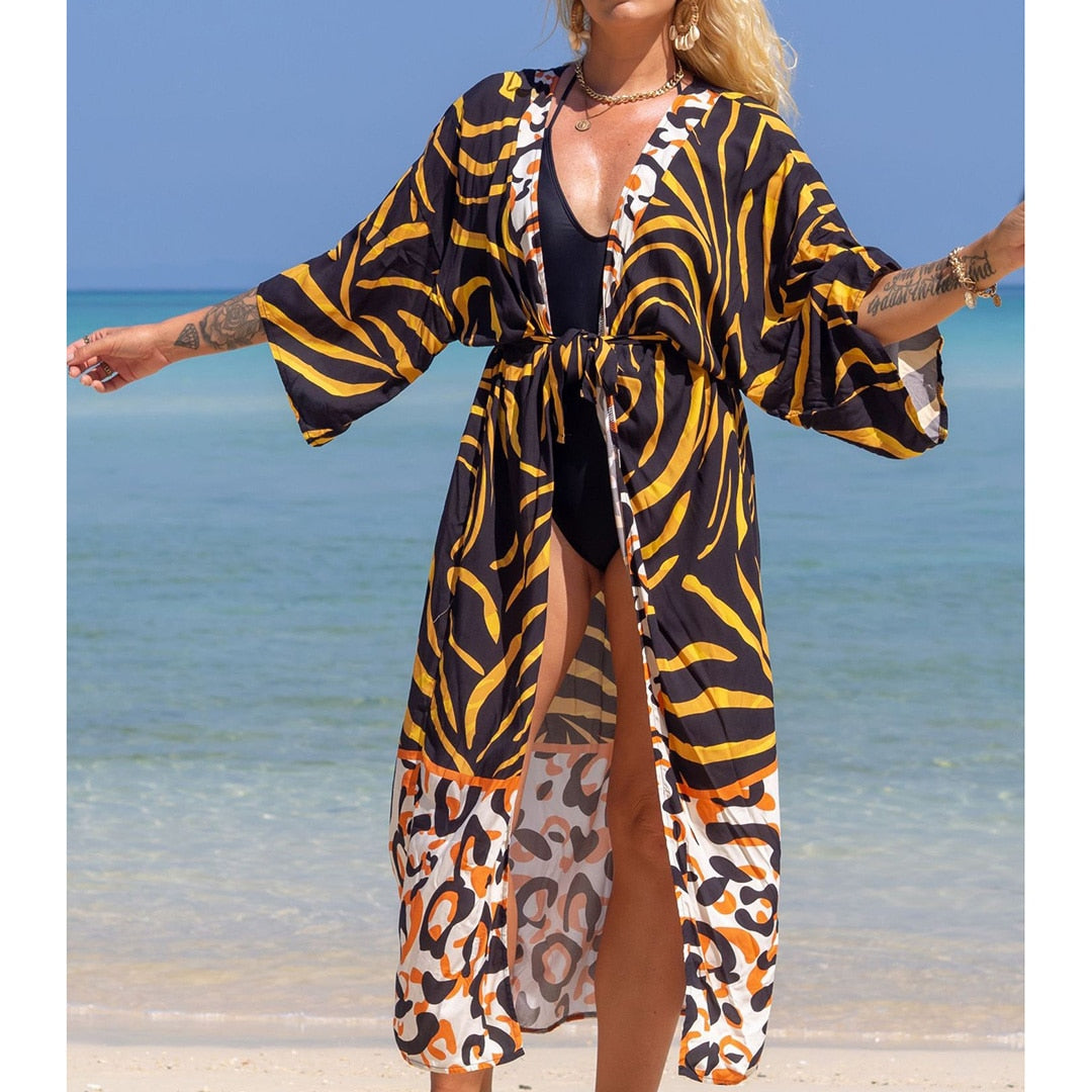 Italian Vacation V Neck Loose Maxi Dress Kimono Swimsuit Coverup  Sunset and Swim Black Yellow Zebra One Size 