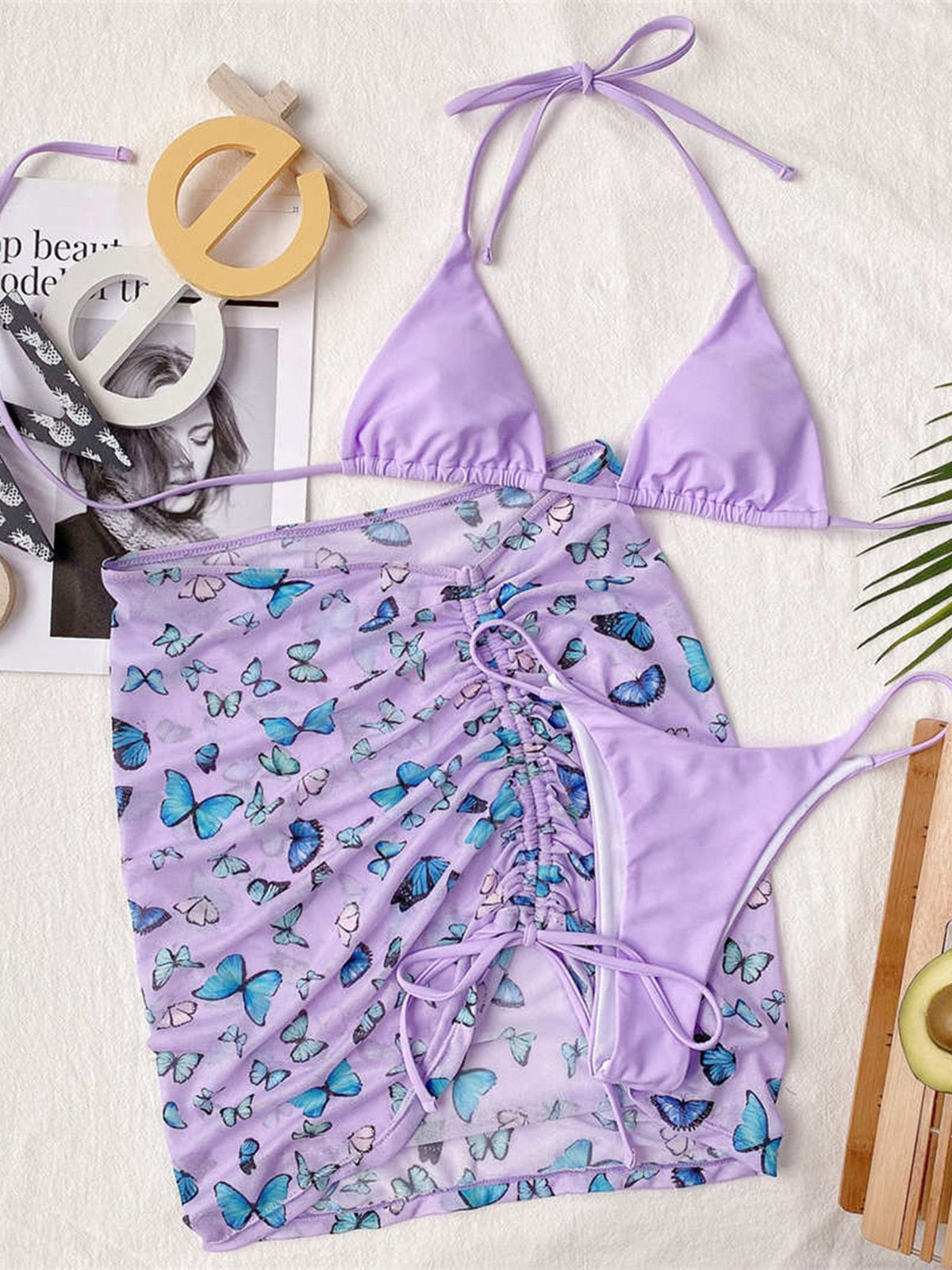 Premium Halter Butterfly Printed Bikini Set With Beach Cover Up Skirt  Sunset and Swim Purple S 