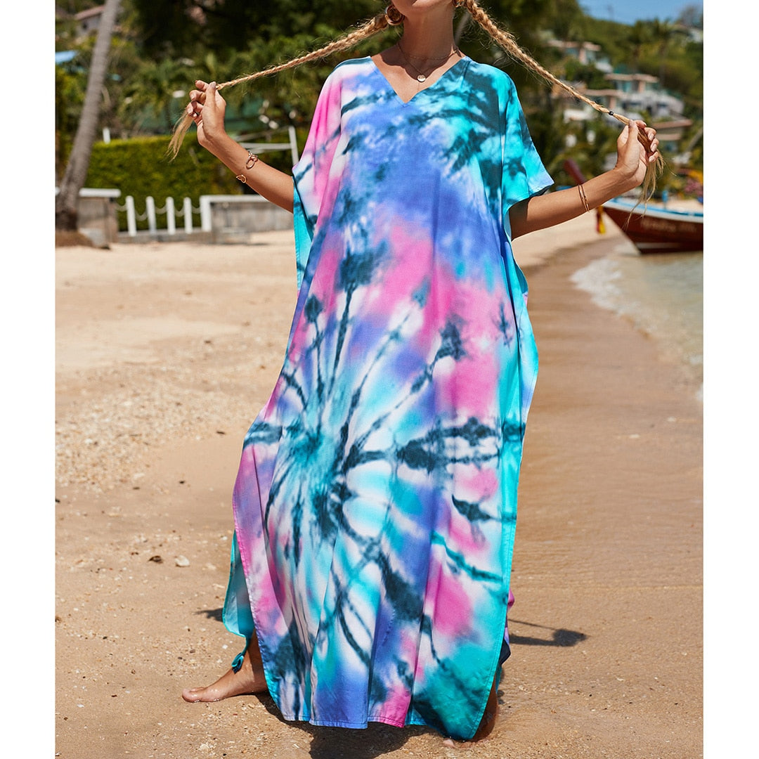 Sunset and Swim Colorful Bohemian Bathing Suit Coverup Kaftan Sunset and Swim Pink Blue One Size 