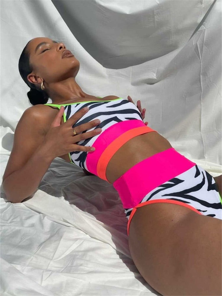 Pink Zebra Striped High Waist Bikini  Sunset and Swim   