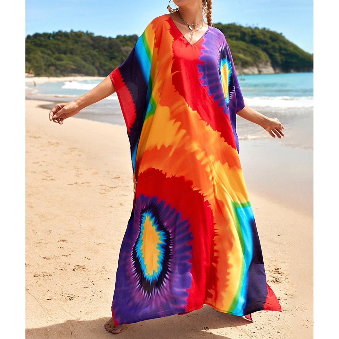 Sunset and Swim Colorful Bohemian Bathing Suit Coverup Kaftan Sunset and Swim Rainbow One Size 