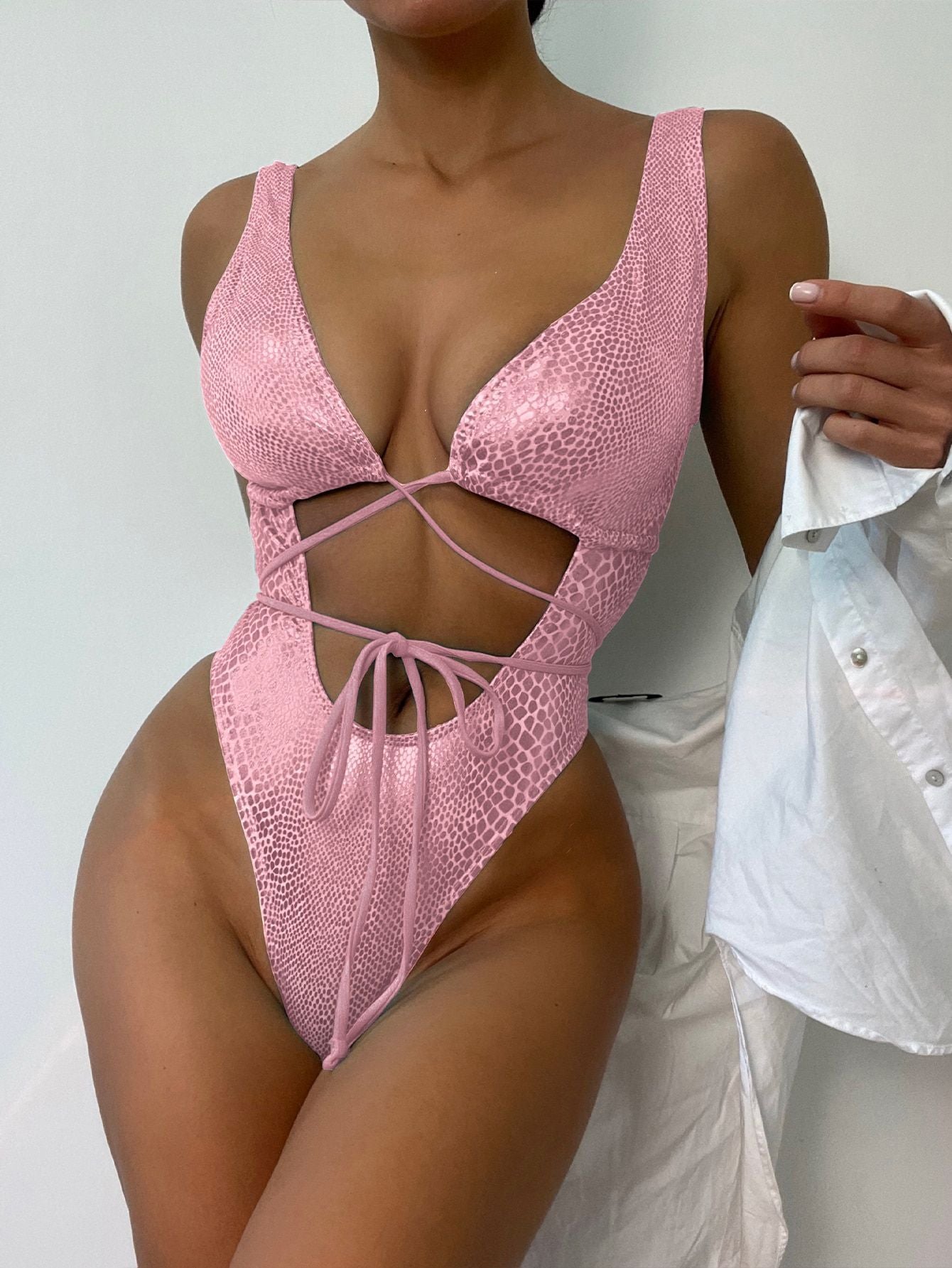 Sexy Stunning Shiny Snake Hollow Out One Piece Swimsuit  Sunset and Swim pink S 