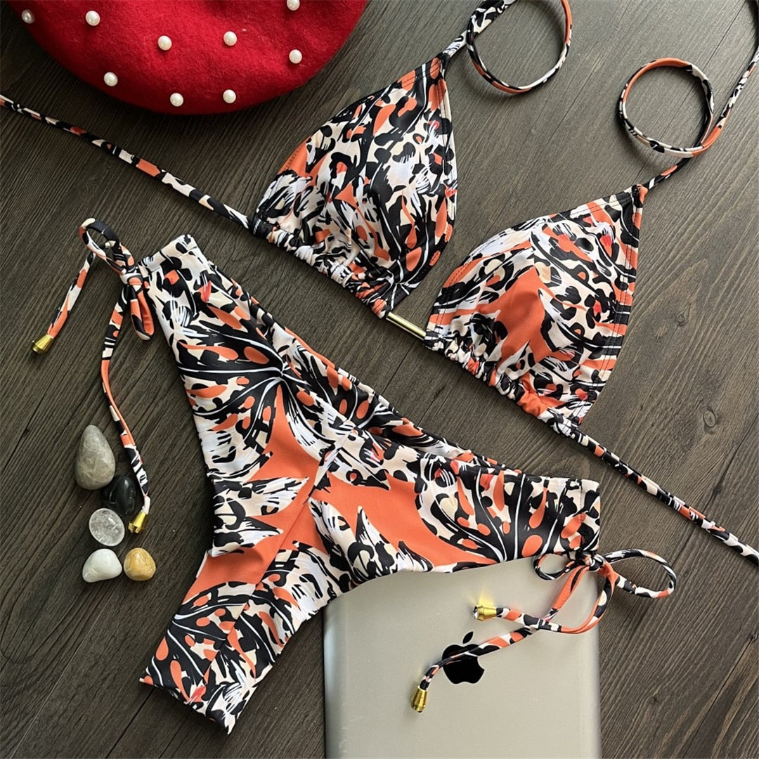 Valencia Cute Halter Triangle Top Bikini  Sunset and Swim Orange Printed S 