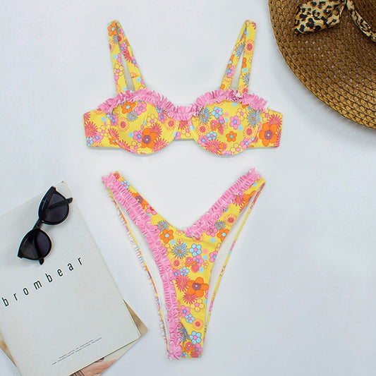 Cute Floral High Cut Push Up Brazilian Thong Bikini  Sunset and Swim   