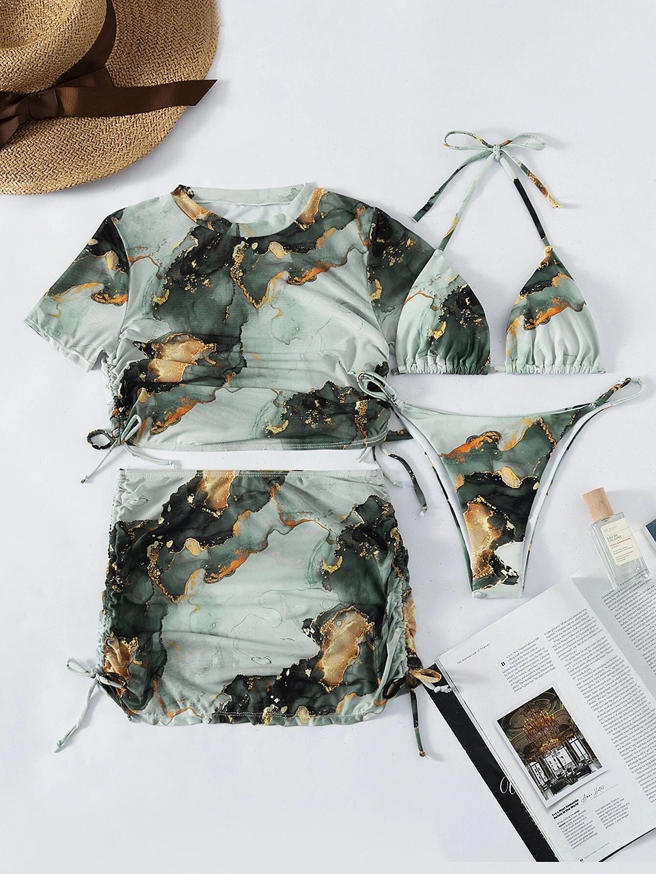 Marble Mist - 4-Pack Halter Bikini Set with Cover Up Skirt  Sunset and Swim   