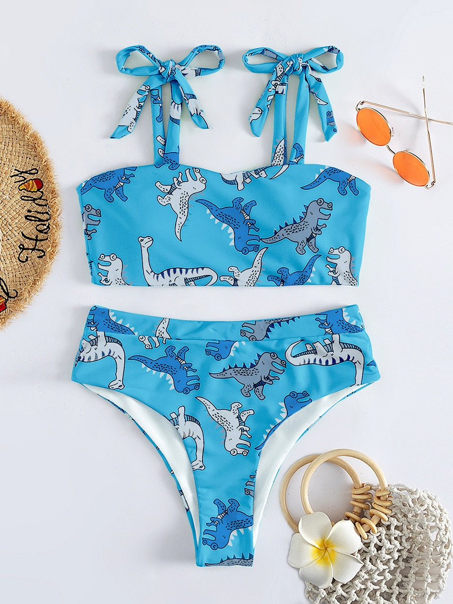 Hear Me Roar - Dinosaur Print High Waist Bikini  Sunset and Swim Blue S 