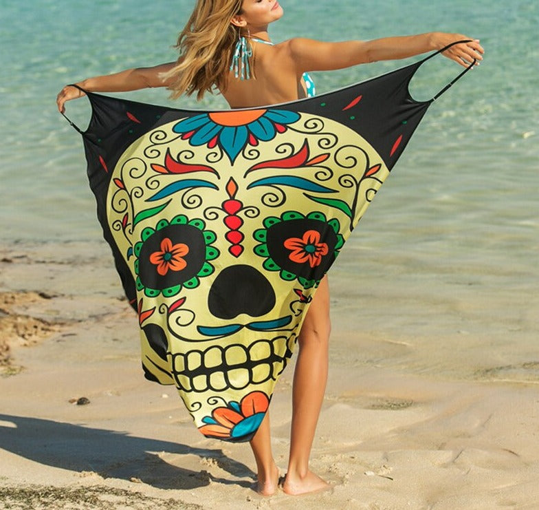 Butterfly Skull Owl Animal Print Beach Wrap Dress Beach Cover Up  Sunset and Swim YY36-1 skull One Size 