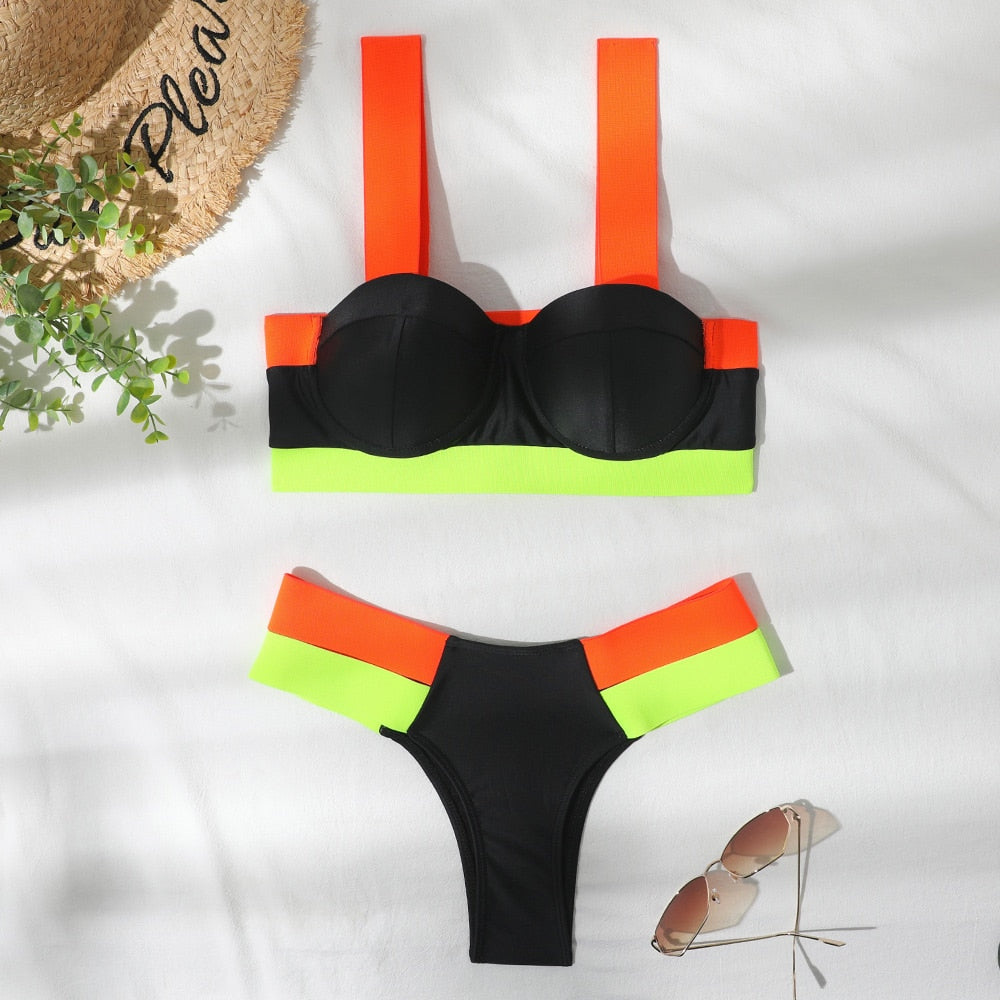 Waves Queen Bandage Brazilian Push Up Bikini  Sunset and Swim Black/Orange S 