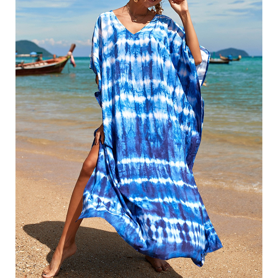 Sunset and Swim Colorful Bohemian Bathing Suit Coverup Kaftan Sunset and Swim Blue Tie Dye One Size 