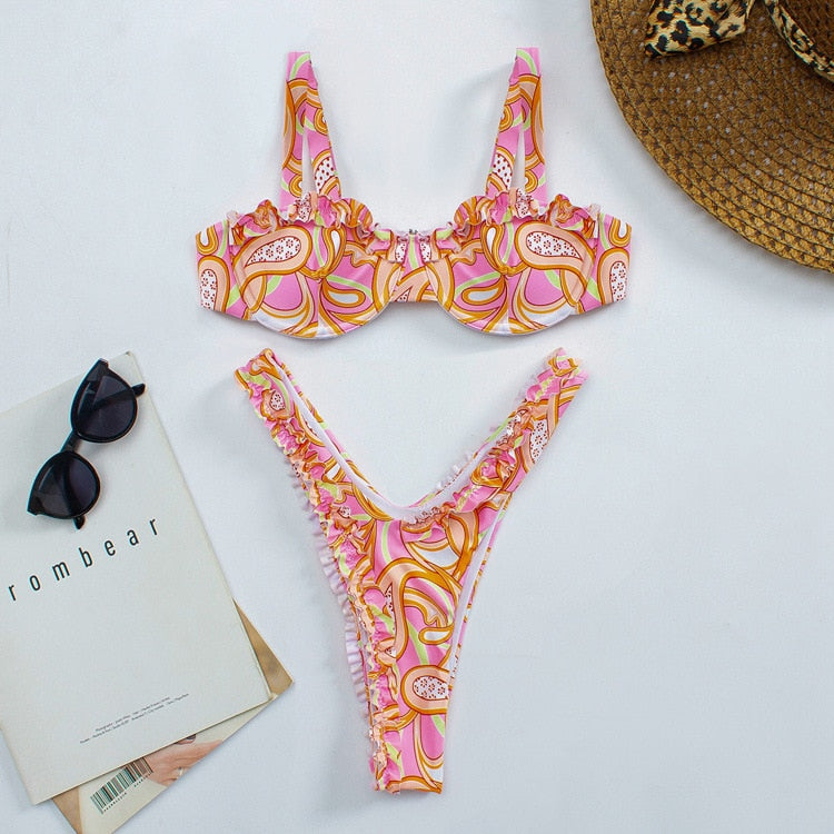 Cute Floral High Cut Push Up Brazilian Thong Bikini  Sunset and Swim Orange S 
