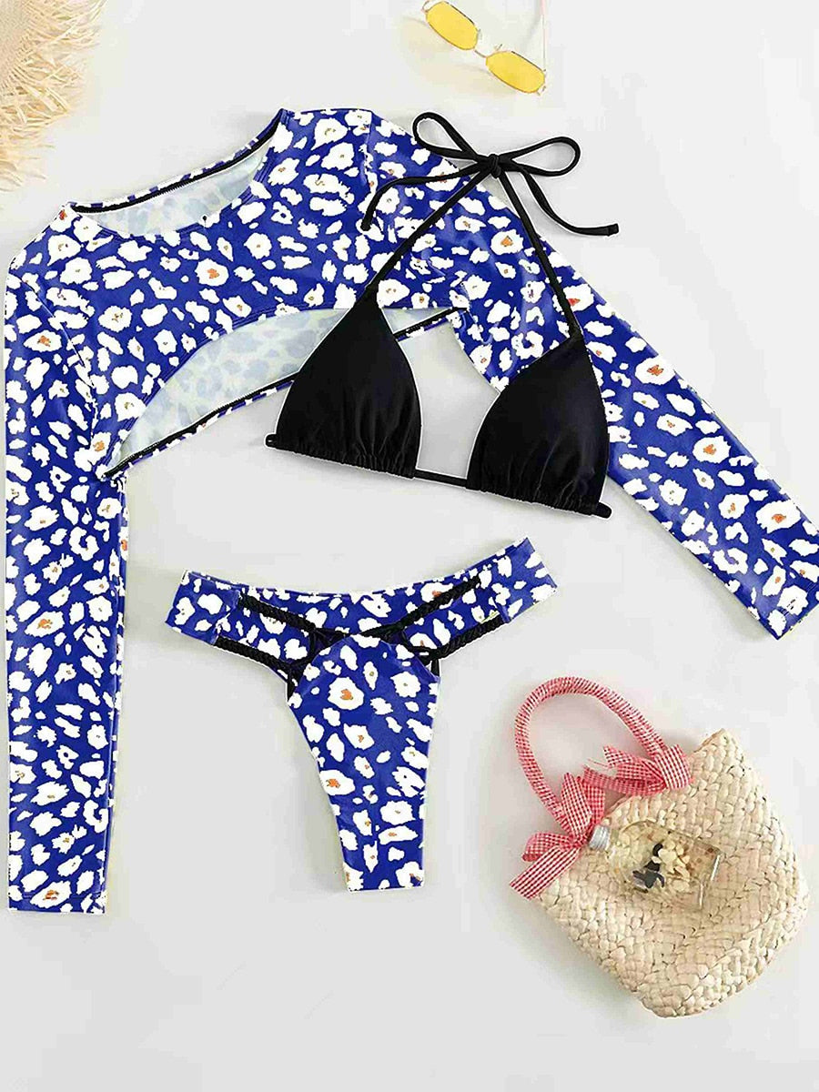 Thong Leopard Three Set Bikini  Sunset and Swim Blue S 