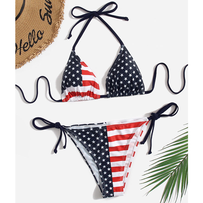 Patriotic Allure: Stars and Stripes American Flag Bikini  Sunset and Swim   