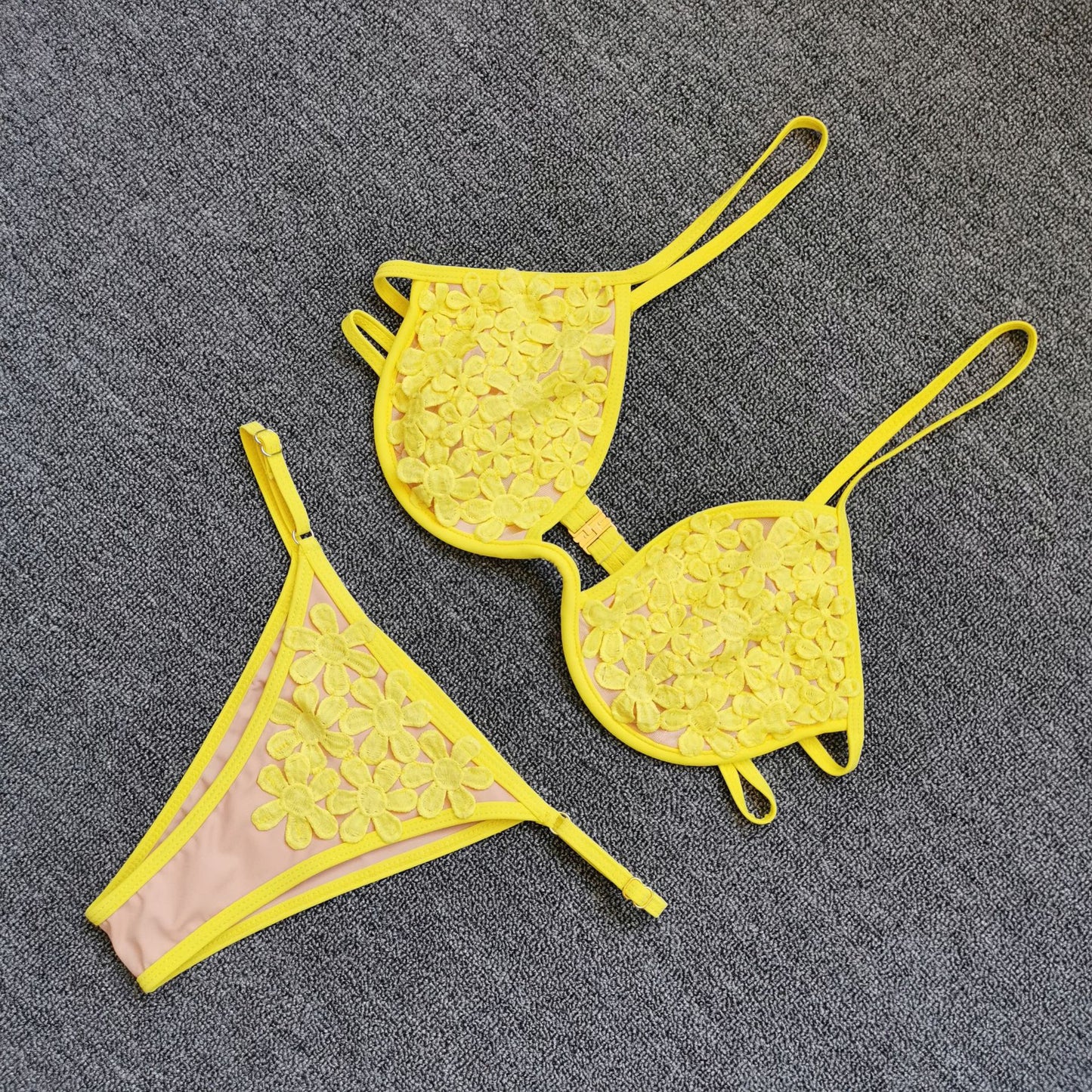 Floral Brazilian Cheeky Transparent Effect Bikini  Sunset and Swim Yellow S 