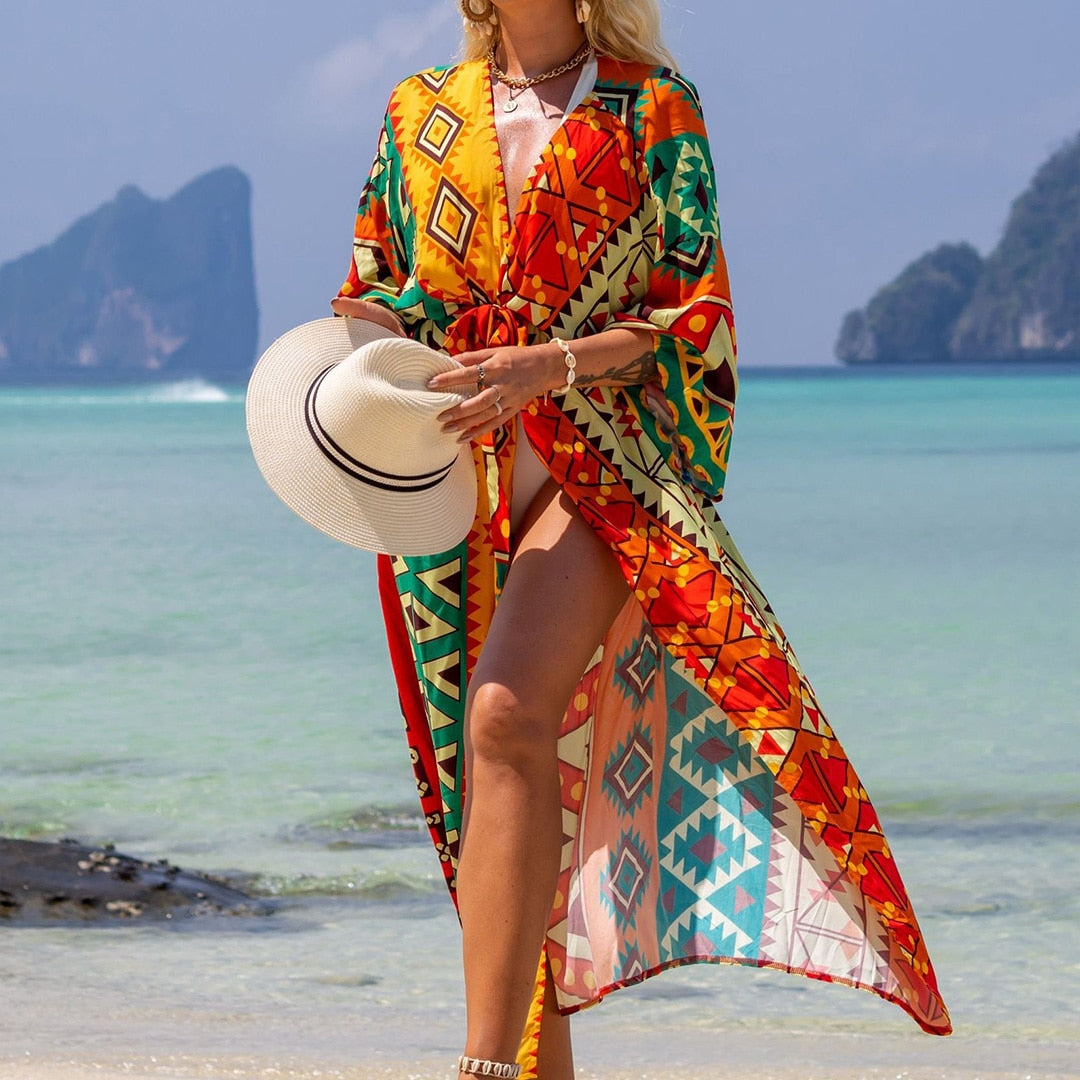 Italian Vacation V Neck Loose Maxi Dress Kimono Swimsuit Coverup  Sunset and Swim OrangeGreen Geometry One Size 