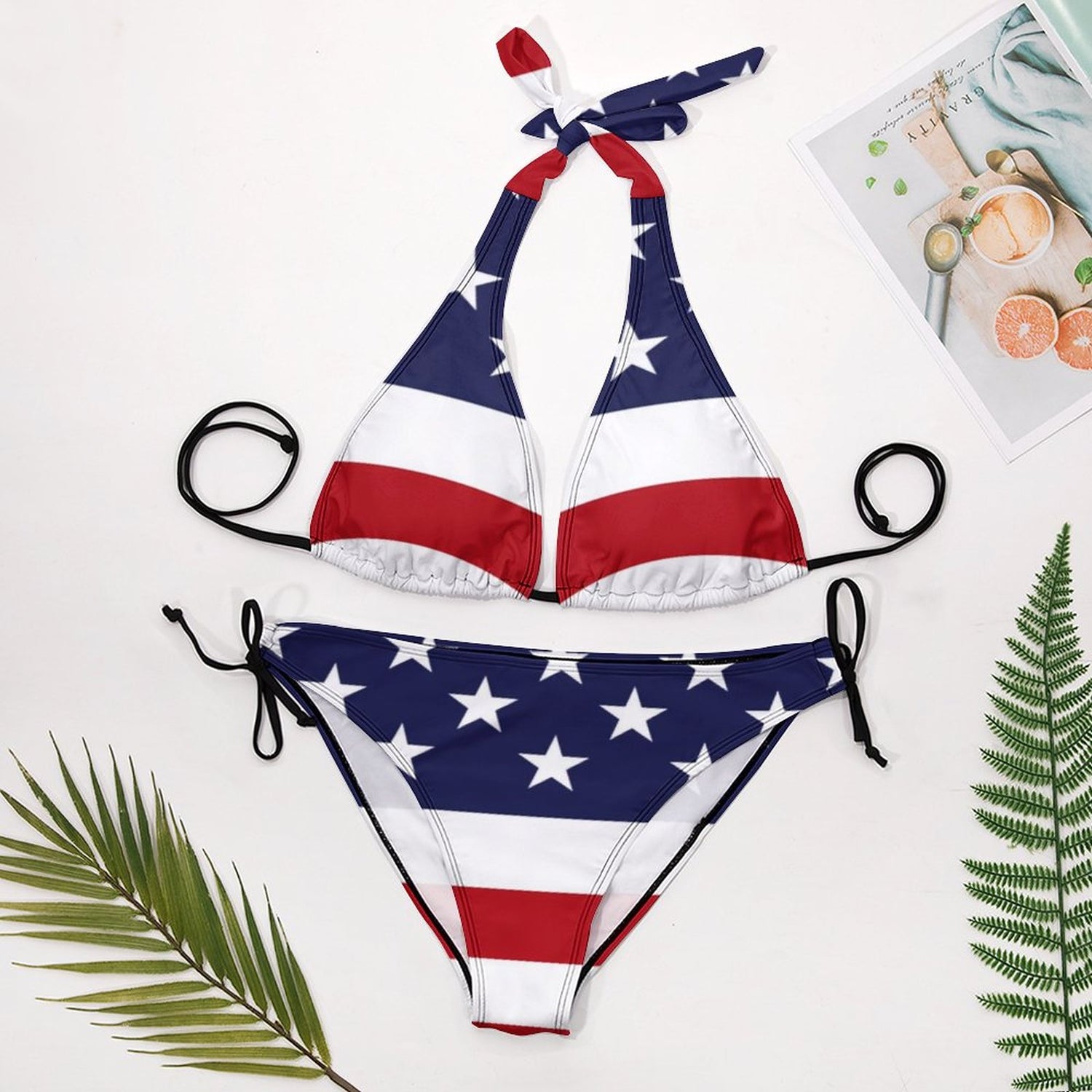 Magical Starry Stripes USA Flag Print Halter Bikini  Sunset and Swim   