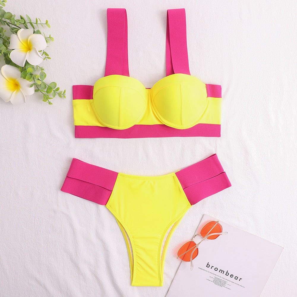 Waves Queen Bandage Brazilian Push Up Bikini  Sunset and Swim Yellow/Pink S 