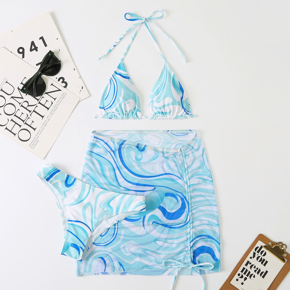Bali Dreams 3 Piece Bikini Set With Cover Up Skirt  Sunset and Swim ZM22008-LAN S 