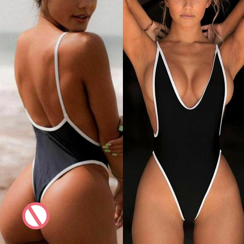 Sexy High Cut Micro Thong One Piece Swimsuit  Sunset and Swim Black S 