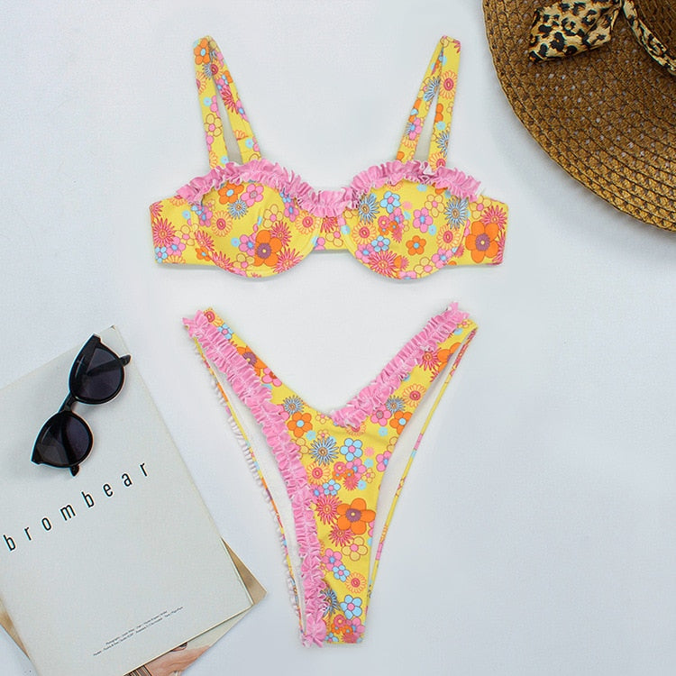 Cute Floral High Cut Push Up Brazilian Thong Bikini  Sunset and Swim Yellow S 