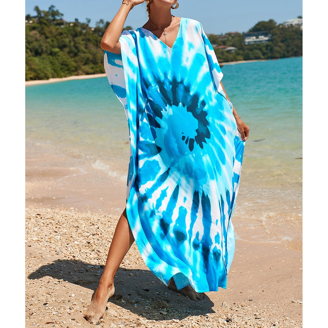 Sunset and Swim Colorful Bohemian Bathing Suit Coverup Kaftan Sunset and Swim Blue Swirl One Size 