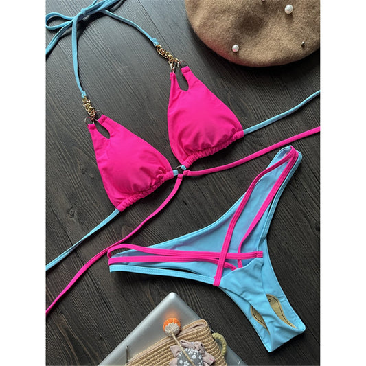 Ipanema Halter Mini Micro Thong High Cut Bikini  Sunset and Swim Pink/Blue S 