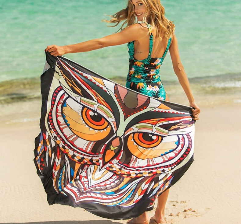 Butterfly Skull Owl Animal Print Beach Wrap Dress Beach Cover Up  Sunset and Swim YY36-9 Big Owl One Size 
