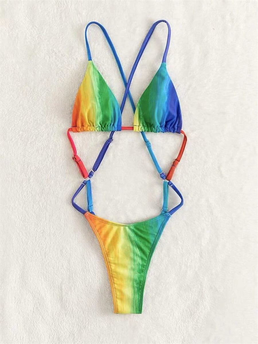 Rainbow Delight Sexy Micro One Piece G String Thong Swimsuit  Sunset and Swim S Yellow/Green/Multi 
