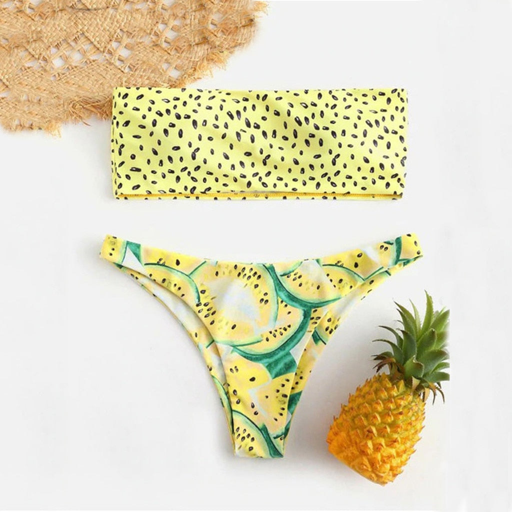 Watermelon Summer Crush Bandeau Bikini  Sunset and Swim Yellow S 