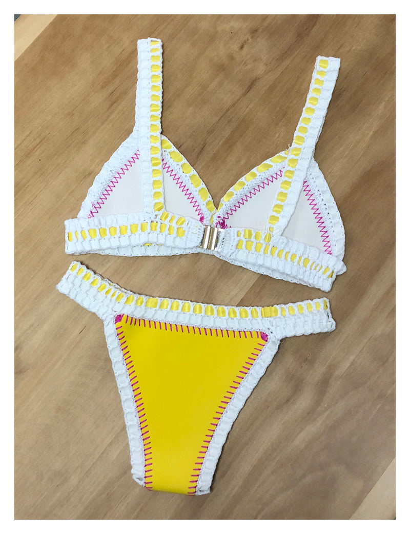 Blue Yellow Neoprene Crochet Swimwear Bikini Set  Sunset and Swim   