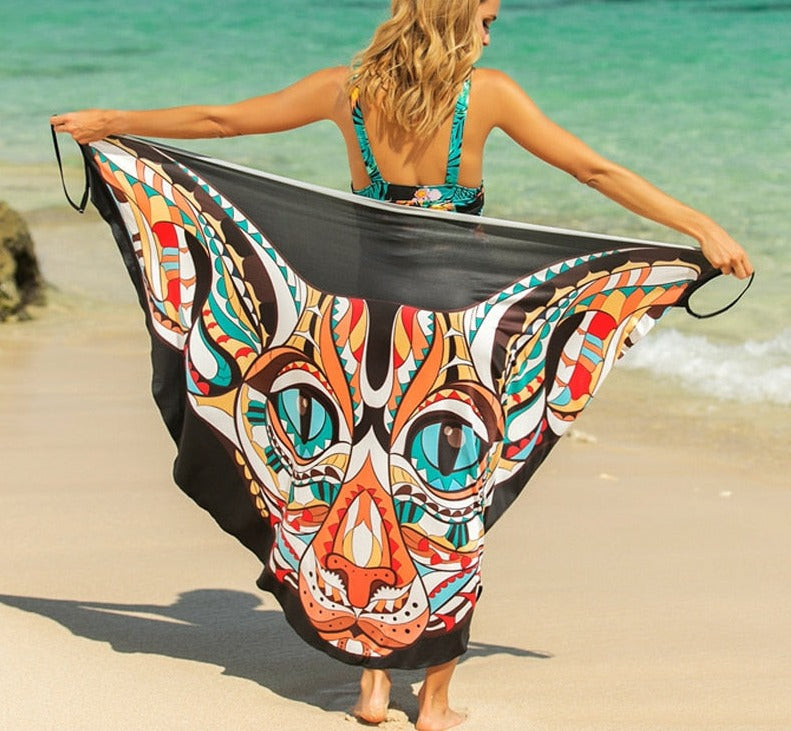 Butterfly Skull Owl Animal Print Beach Wrap Dress Beach Cover Up  Sunset and Swim YY36-8 Cat One Size 