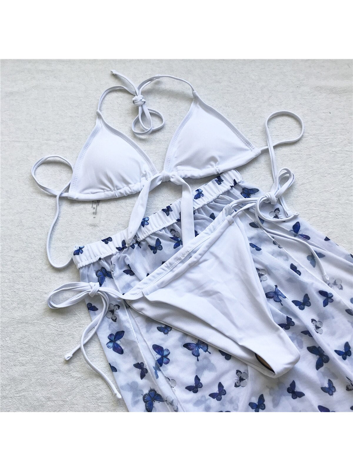 Stunning Three-piece Halter Bikini set With Butterfly Sarong  Sunset and Swim white S 