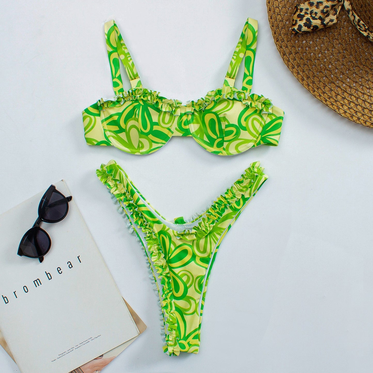 Cute Floral High Cut Push Up Brazilian Thong Bikini  Sunset and Swim Green S 