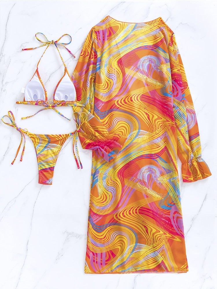 Palm Breeze Paradise 3-Piece Bikini Set with Beach Cover-Up  Sunset and Swim   