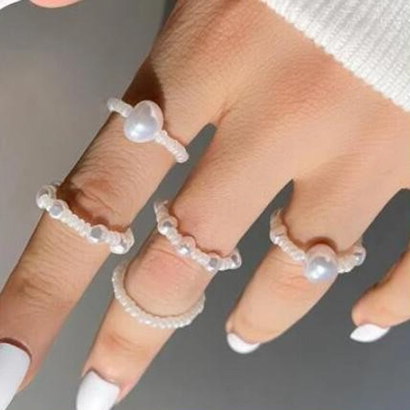 Celestial Pearls Boho Knuckle Rings Set  Sunset and Swim 5pcs pearl Resizable 