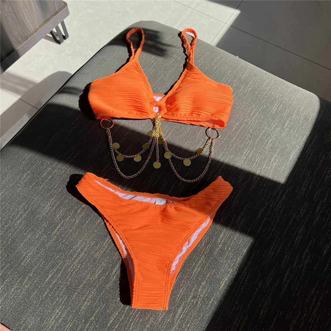 Glamour Chainlink Bikini Set Sunset and Swim Orange S 