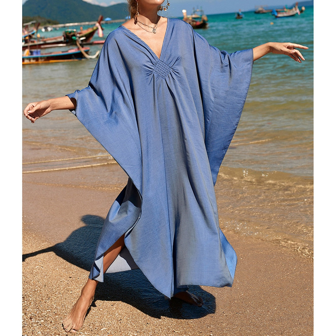 Athena Loose Maxi  Kaftan Tunic Beach Cover Up  Sunset and Swim Denim Blue One Size 