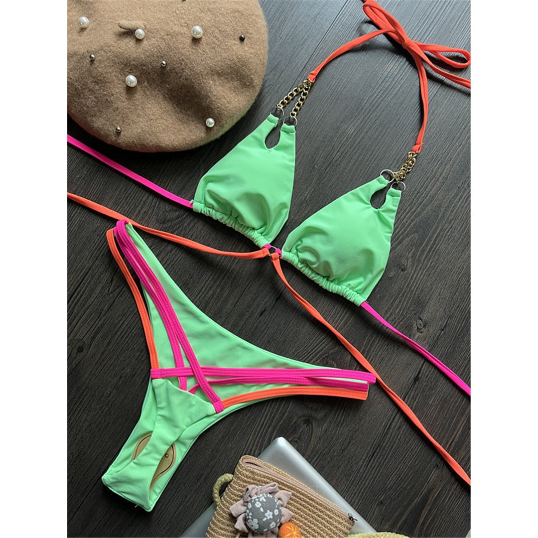 Ipanema Halter Mini Micro Thong High Cut Bikini  Sunset and Swim Green S 
