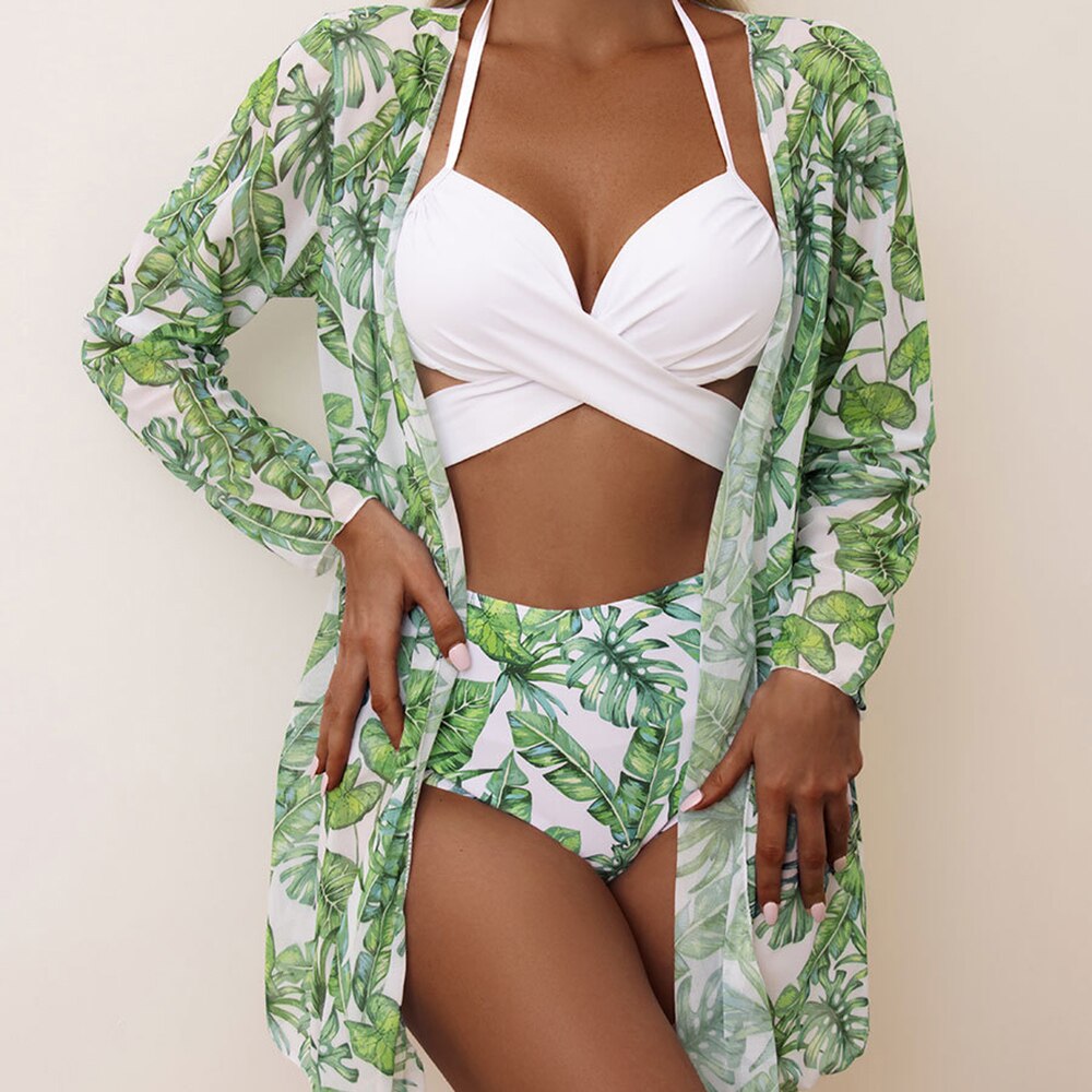Cheap High Waist Bikini Leaf Print Swimsuit Women Push Up Swimwear