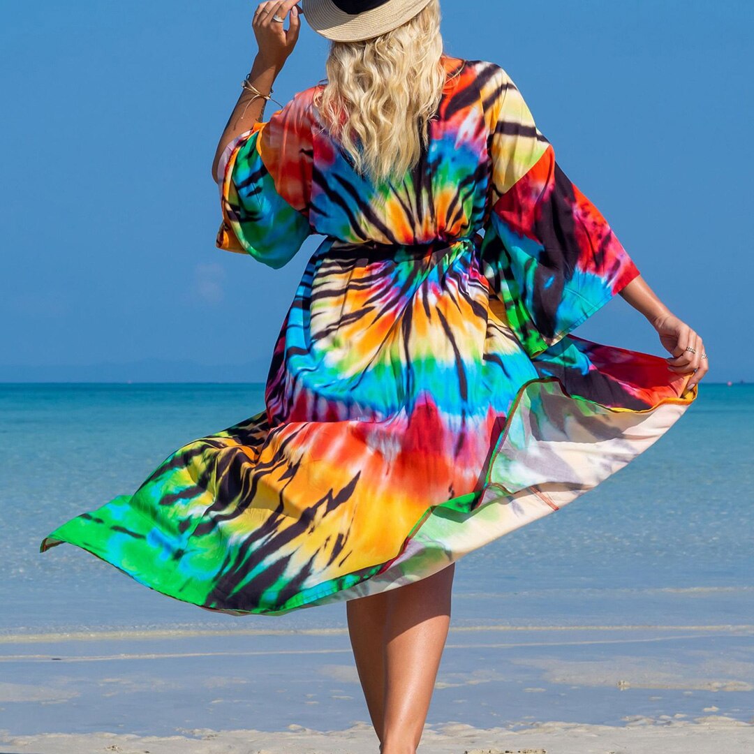 Italian Vacation V Neck Loose Maxi Dress Kimono Swimsuit Coverup Sunset and Swim Rainbow One Size 