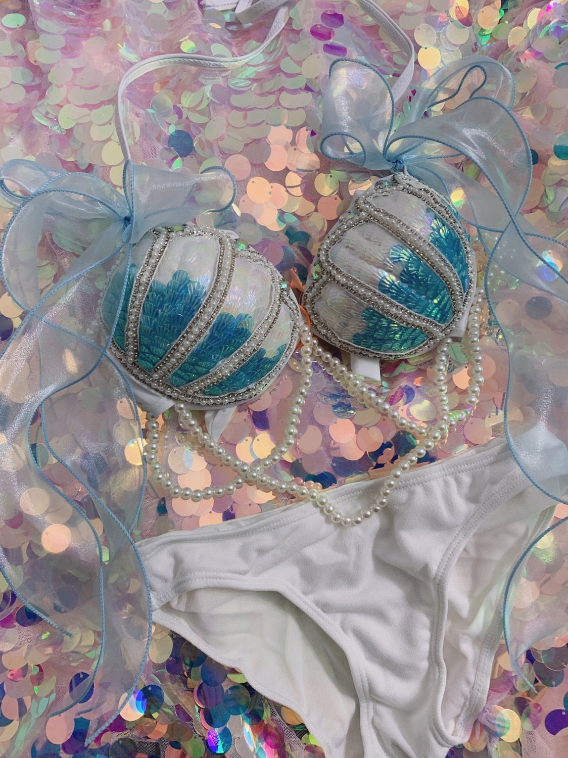 Aqua Opulence Handmade Diamond Pearl Mermaid Bikini Set  Sunset and Swim   
