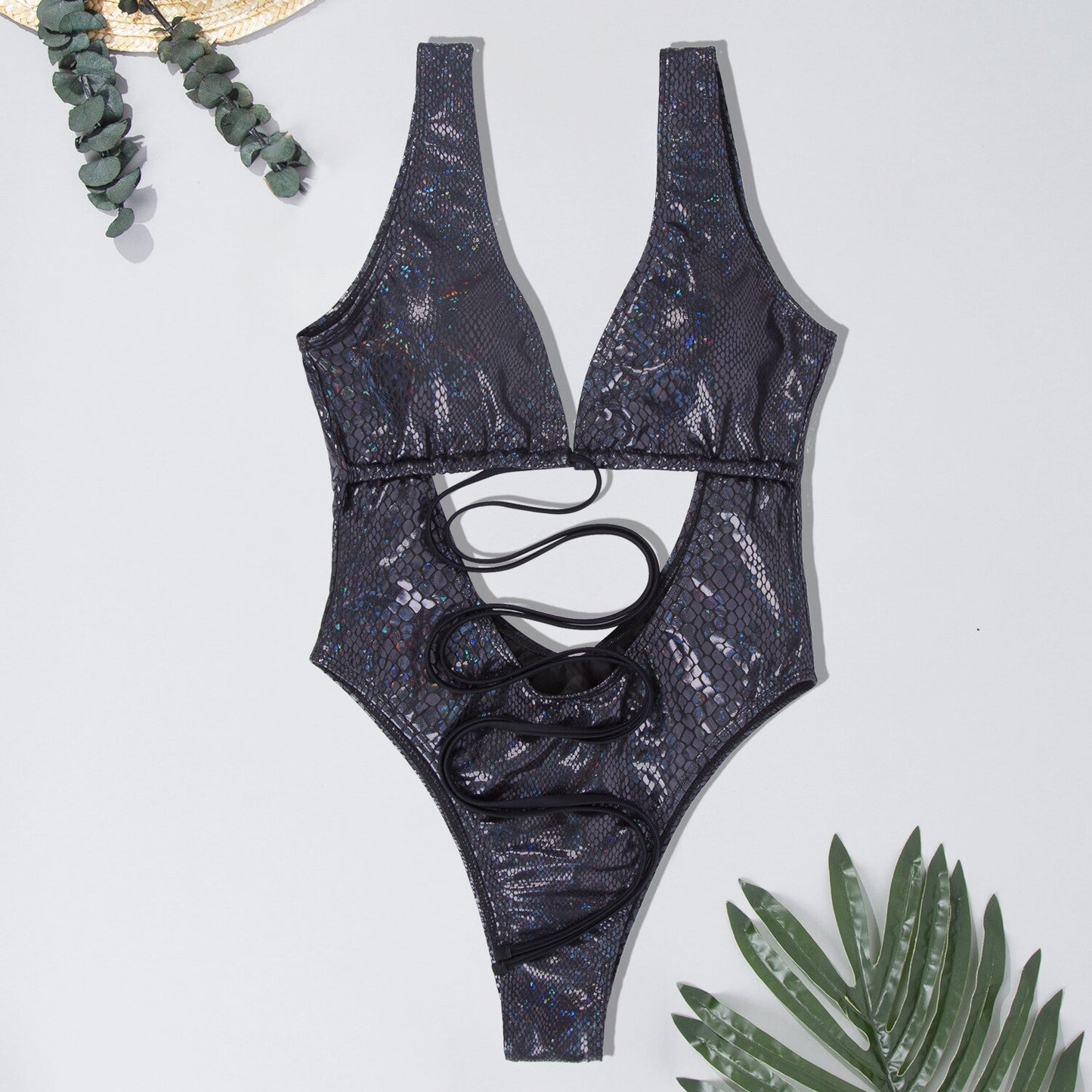 Sexy Stunning Shiny Snake Hollow Out One Piece Swimsuit  Sunset and Swim black 3 S 