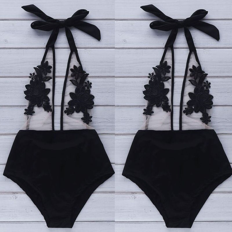 Ultra Hot Mesh See Through Floral Swimsuit  Sunset and Swim Black S 