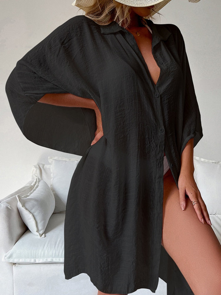 Hamptons Holiday Loose Breathable Swimsuit Cover Up Shirt  Sunset and Swim   